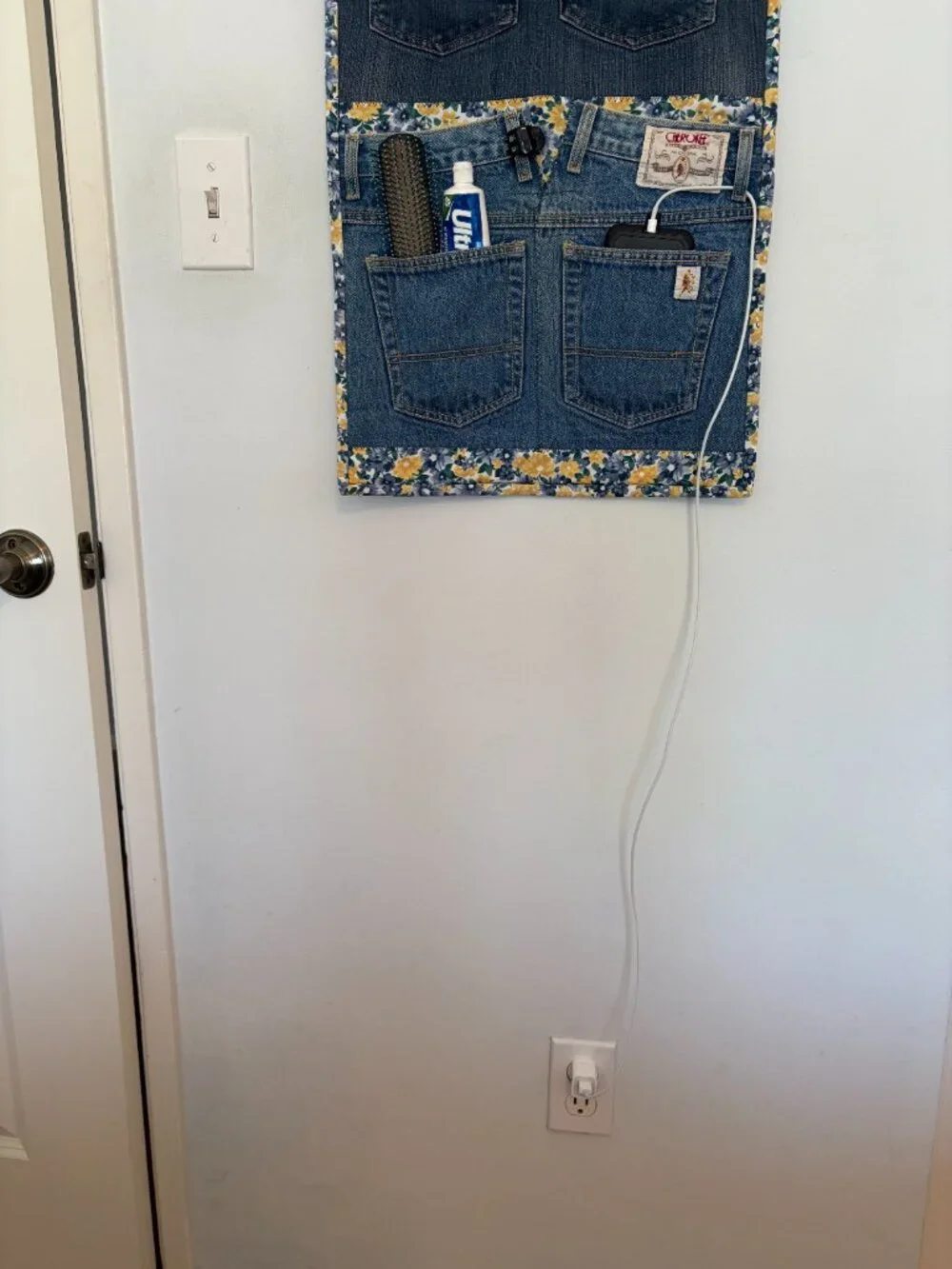 Denim quilt wall organizer with 4 pockets & 6 belt loops